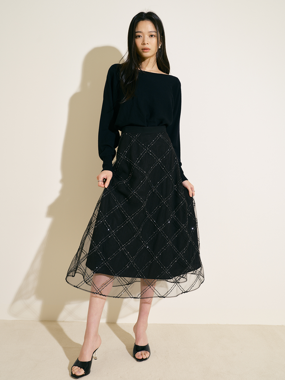 Grid lace tulle skirt